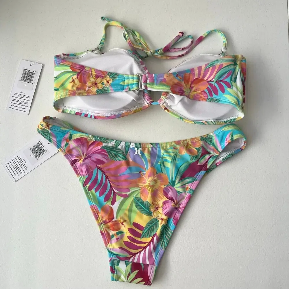 Hurley 2-Piece Bikini Set Women's Large Colorful Tropical Hawaiian Swimwear NEW
